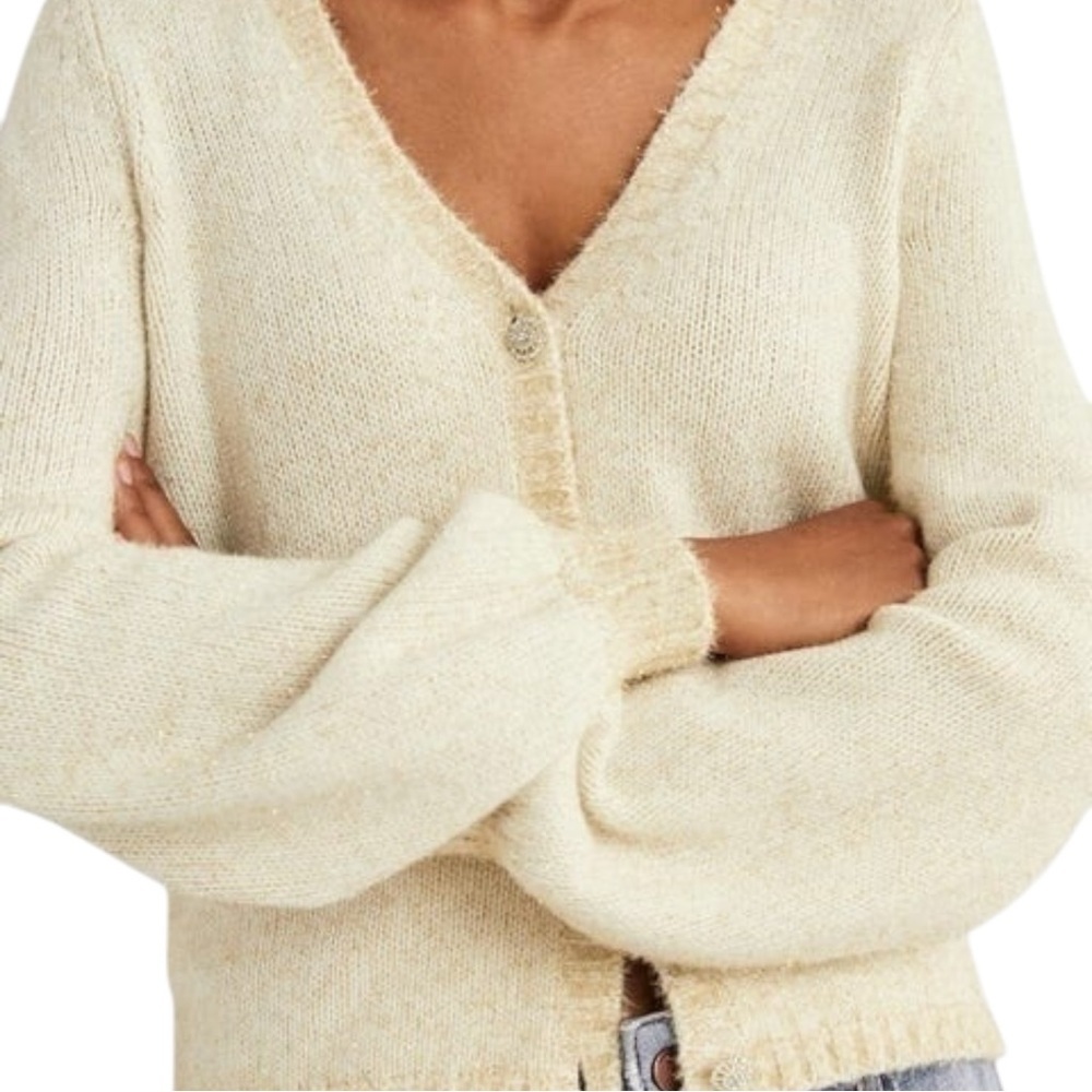 BODEN | Metallic Fluffy Cardigan Ivory + Gold | Wool Blend Rhinestone Button | L